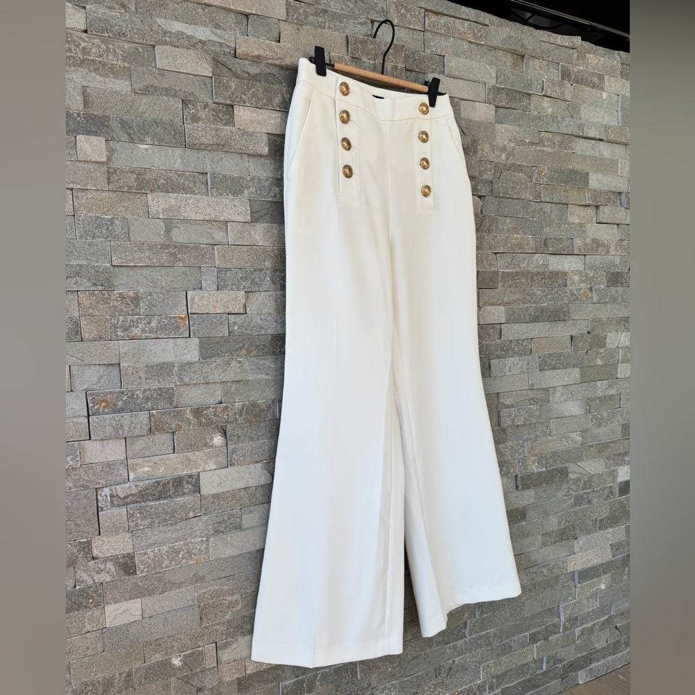 High Waist White Wide Leg Sailor Dress Pants Brass Buttons XS - Picture 9 of 16